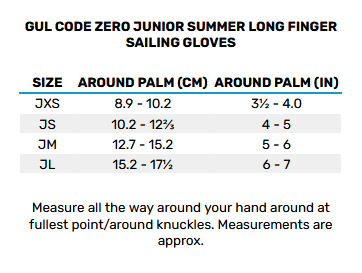 2025 Gul Code Zero Junior Summer Sailing Long Gloves 0 Size Chart
